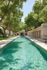 Fototapeta premium Neoclassical Mediterranean pool with stone-carved statues, column-lined walkway, and crystal-clear calm water