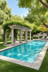 Fototapeta premium Neoclassical Mediterranean pool with stone-carved statues, column-lined walkway, and crystal-clear calm water