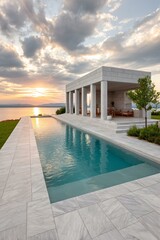 Fototapeta premium Outdoor luxury pool in Greek palace setting, golden hour glow on marble and still water