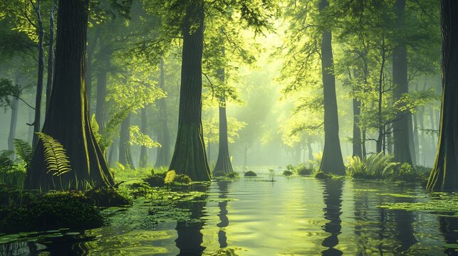 Hyper realistic ancient carboniferous forest towering lycophytes reaching skyward misty swamp atmosphere cinematic lighting intricate leaf pattern ultra detailed texture high fidelity 8K resolution