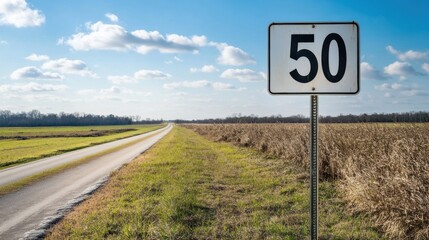 Obraz premium Speed limit sign along a rural road with open fields under a bright blue sky