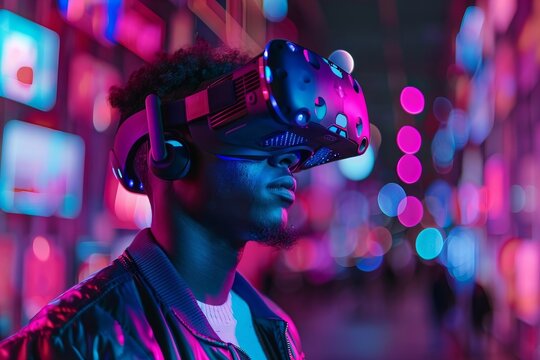 African American man immerses himself in metaverse using VR headset and cutting-edge interfaces.
