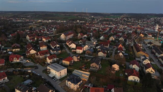Pfaffenhofen Ilm from top during sunset phase and the city lights at the background