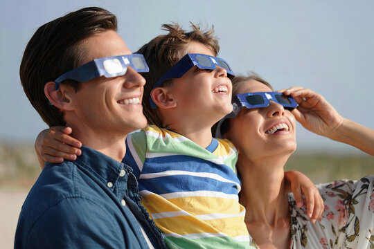 A joyful family stands outdoors wearing special eclipse glasses, smiling and looking up at the sky as they witness a solar eclipse together