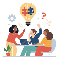 Business Team Brainstorm concept. Vector flat style abstract illustration of a group of diverse people at a desk leading a discussion with a lightbulb made of puzzle pieces above their heads.