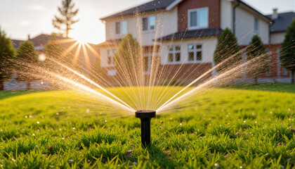Automated sprinkler system watering suburban garden, eco-friendly irrigation