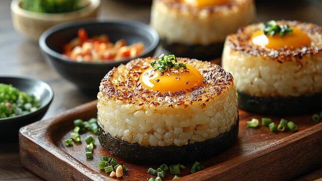 Fried rice cakes with sunny side up egg, Asian cuisine, wooden board background, food photography, perfect for cookbook or food blog