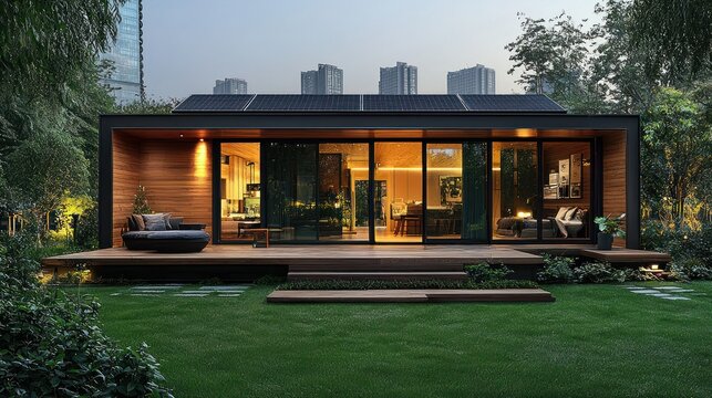 Modern eco-friendly prefab home with solar panels, wood siding, and large glass doors.