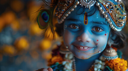 Little boy Krishna with blue skin decorated with jewelry, peacock feathers, smiling on blurred dark background, Hinduism, Krishna Janmashtami