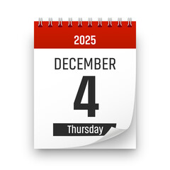 Date 4 December 2025 year realistic calendar day page design. December 4 transparent png