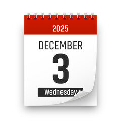 Date 3 December 2025 year realistic calendar day page design. December 3 transparent png