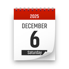 Date 6 December 2025 year realistic calendar day page design. December 6 transparent png