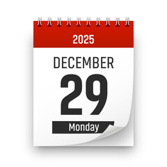 Date 29 December 2025 year realistic calendar day page design. December 29 transparent png