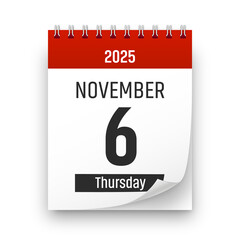 Date 6 November 2025 year realistic calendar day page design. November 6 transparent png
