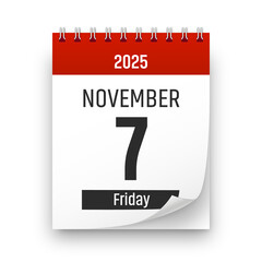 Date 7 November 2025 year realistic calendar day page design. November 7 transparent png