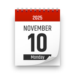 Date 10 November 2025 year realistic calendar day page design. November 10 transparent png