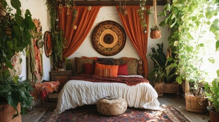 Cozy bohemian bedroom with plants and earthy decor
