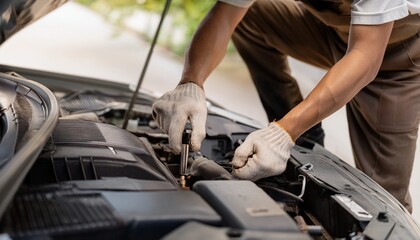 A mechanic working with tools on the car bonnet