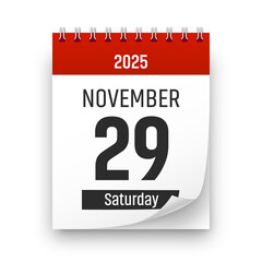 Date 29 November 2025 year realistic calendar day page design. November 29 transparent png