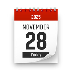 Date 28 November 2025 year realistic calendar day page design. November 28 transparent png