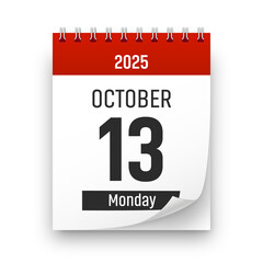 Date 13 October 2025 year realistic calendar day page design. October 13 transparent png