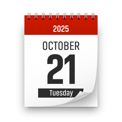 Date 21 October 2025 year realistic calendar day page design. October 21 transparent png