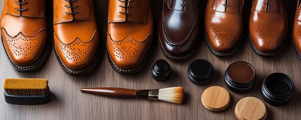 Shoe care accessories and footwear on wooden tabletop for shoe shining