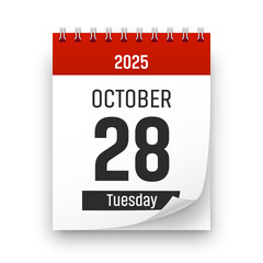 Date 28 October 2025 year realistic calendar day page design. October 28 transparent png