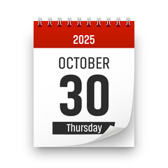 Date 30 October 2025 year realistic calendar day page design. October 30 transparent png