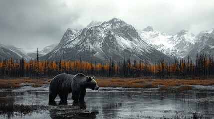 Majestic Grizzly in Autumnal Mountain Lake