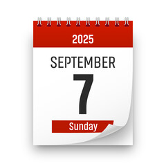 Date 7 September 2025 year realistic calendar day page design. September 7 transparent png