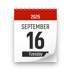 Date 16 September 2025 year realistic calendar day page design. September 16 transparent png
