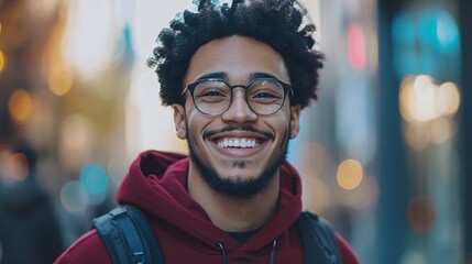 Obraz premium Young student smiling wearing glasses outdoors city background