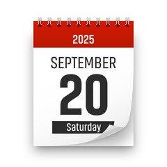 Date 20 September 2025 year realistic calendar day page design. September 20 transparent png