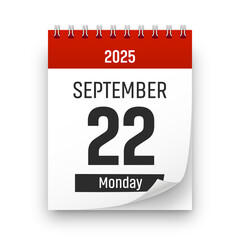 Date 22 September 2025 year realistic calendar day page design. September 22 transparent png