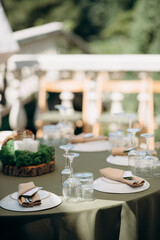 Elegant outdoor table setting with green tablecloth, white plates, and a moss centerpiec