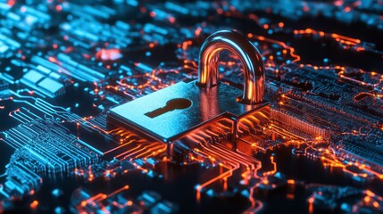 Cybersecurity concept with a digital lock, glowing network connections, and futuristic world map, symbolizing data protection and safety.