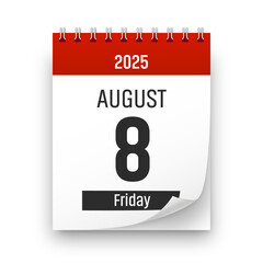 Date 8 August 2025 year realistic calendar day page design. August 8 transparent png