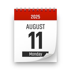 Date 11 August 2025 year realistic calendar day page design. August 11 transparent png