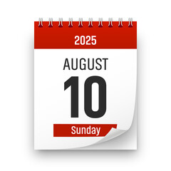 Date 10 August 2025 year realistic calendar day page design. August 10 transparent png