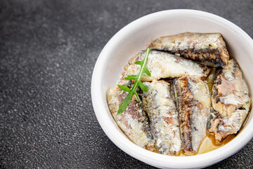 Sardine canned fish dish fresh delicious gourmet food background on table rustic food top view copy space pescetarian diet