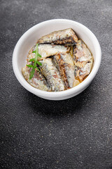 Sardine canned fish dish fresh delicious gourmet food background on table rustic food top view copy space pescetarian diet