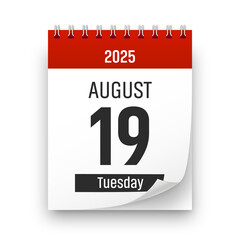 Date 19 August 2025 year realistic calendar day page design. August 19 transparent png
