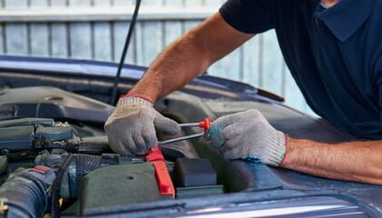 A mechanic working with tools on the car bonnet