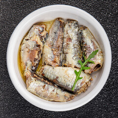 Sardine canned fish dish fresh delicious gourmet food background on table rustic food top view copy space pescetarian diet