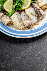 Sardine canned fish dish fresh delicious gourmet food background on table rustic food top view copy space pescetarian diet