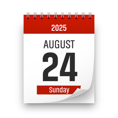 Date 24 August 2025 year realistic calendar day page design. August 24 transparent png