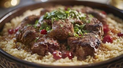 Moroccan lamb tagine with rice, garnished with cilantro and berries