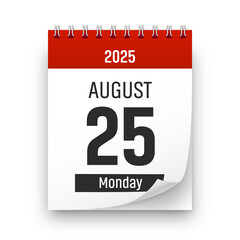 Date 25 August 2025 year realistic calendar day page design. August 25 transparent png