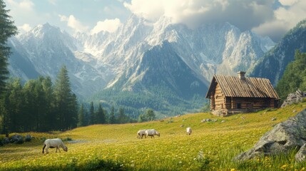 Obraz premium Breathtaking view of a mountain landscape with a rustic cabin and grazing sheep
